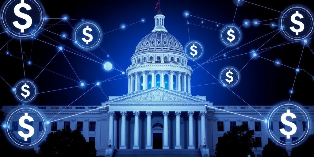 US Treasury building with digital currency and network connections.