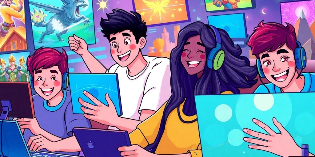 Diverse gamers joyfully immersed in various online games.