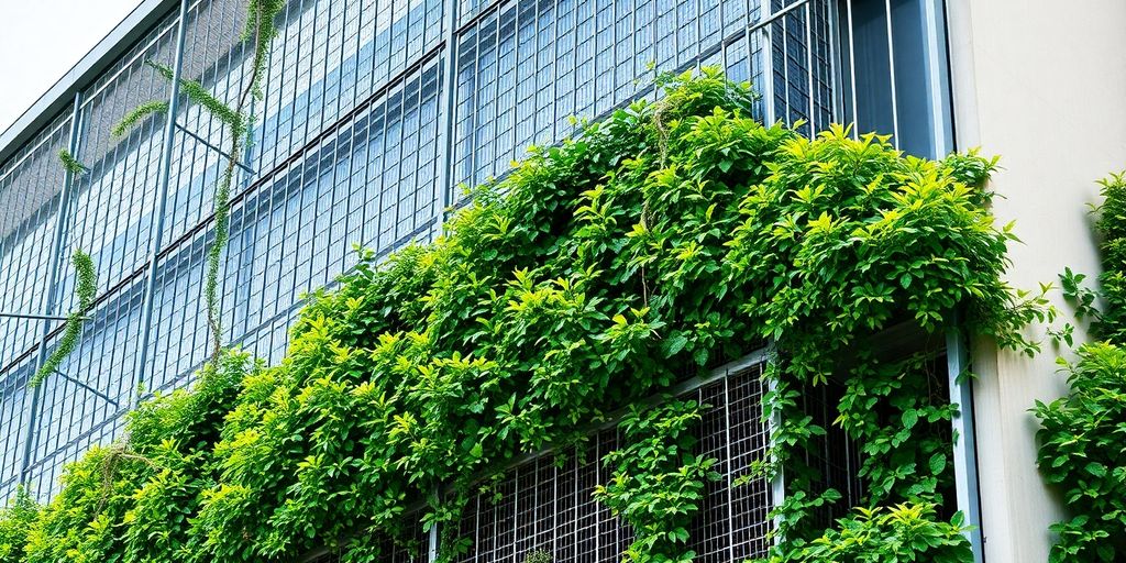 Estructura modular alambrada con trepadoras en fachada edificio