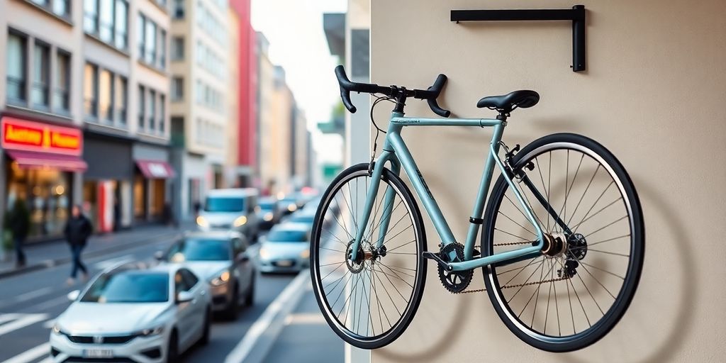 Bike hanger in an urban setting with a parked bicycle.