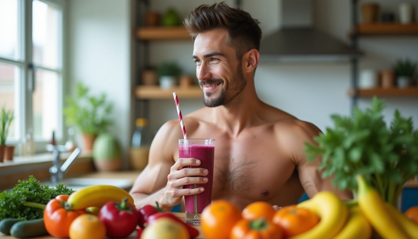 Fit guy drinking a healthy smoothie in a bright kitchen.