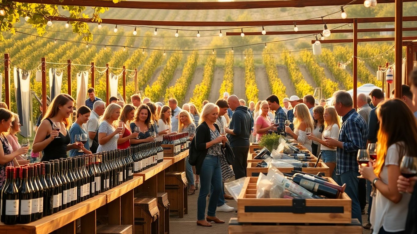 Vignerons servent du vin, stands en bois, foule joyeuse, guirlandes.