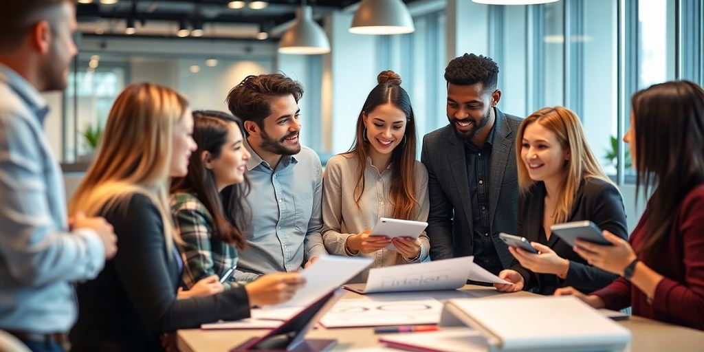 Diverse professionals collaborating in a modern office setting.
