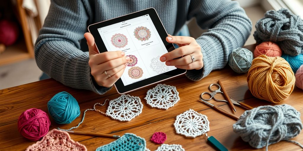 Crafter with tablet and crochet supplies