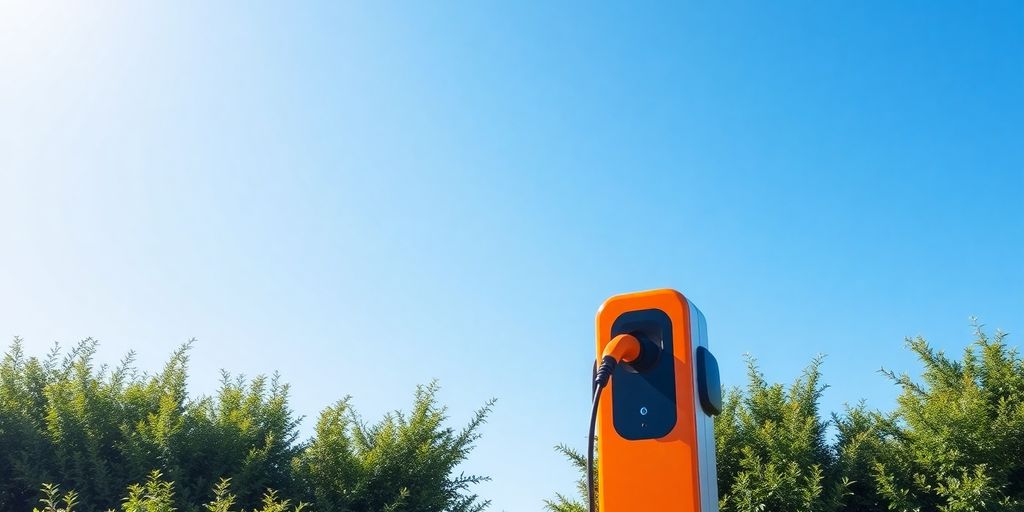 Bright orange EV charging station in a green environment.