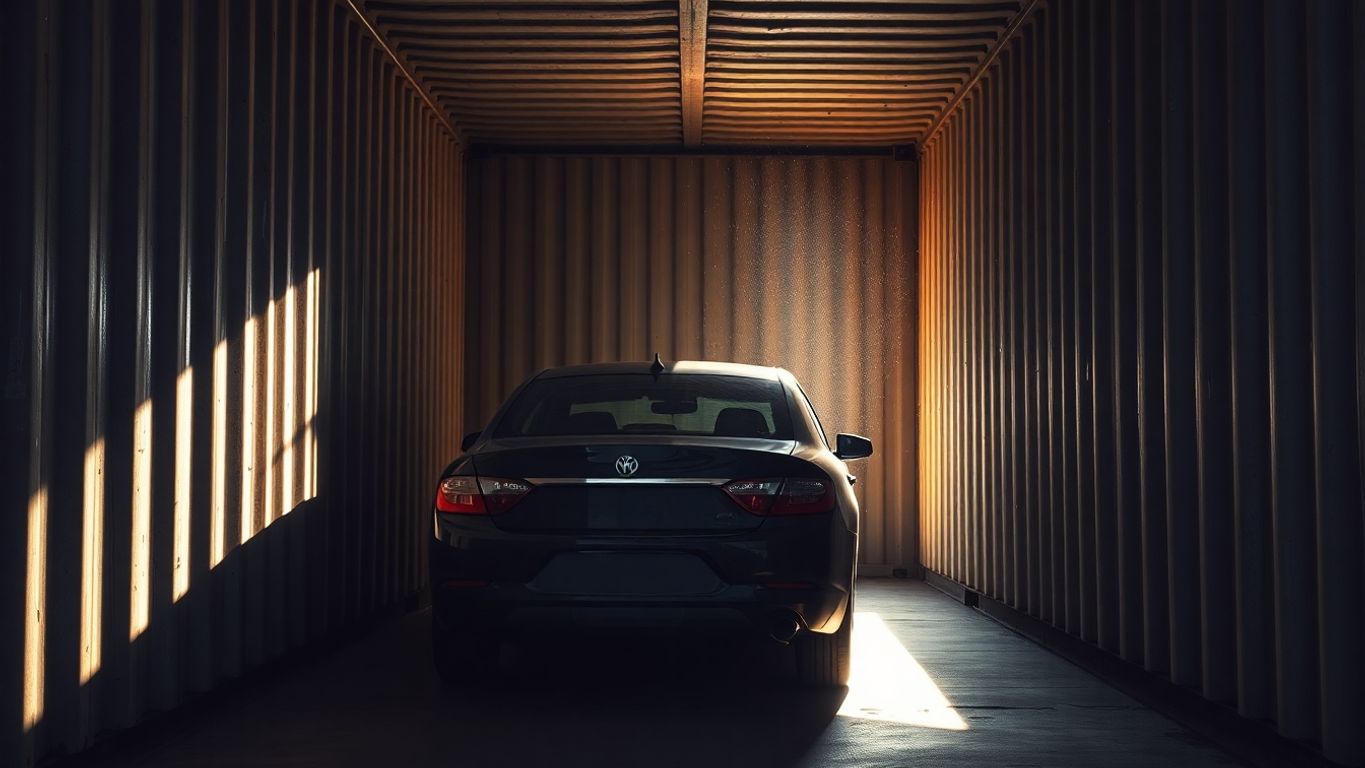 Car parked inside large metal shipping container.
