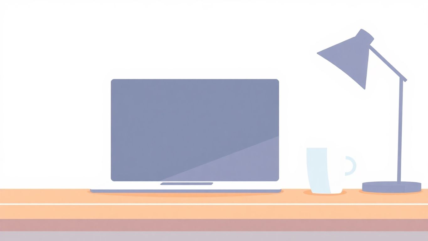 Illustrasjon av skrivebord med laptop og kaffekopp.