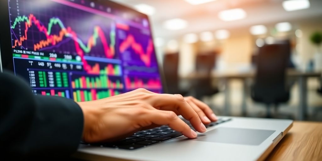 Laptop displaying financial data, hands interacting.