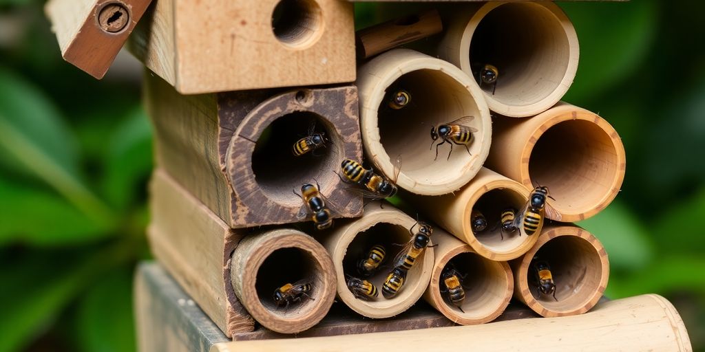 Bienenhotel aus Holzstücken mit Wildbienen