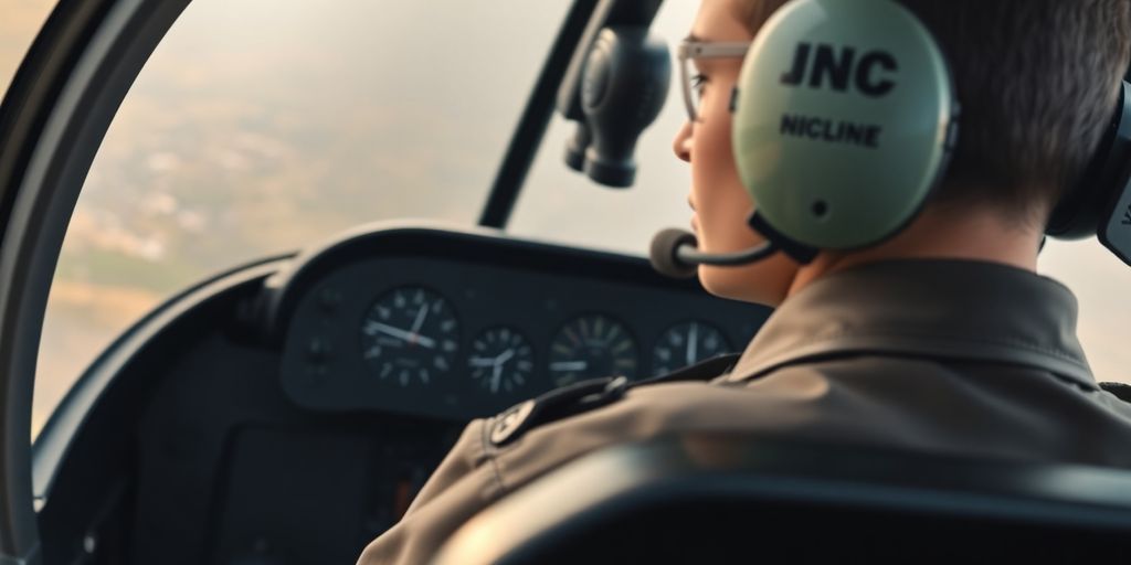 Pilot in helicopter cockpit focusing on flying.