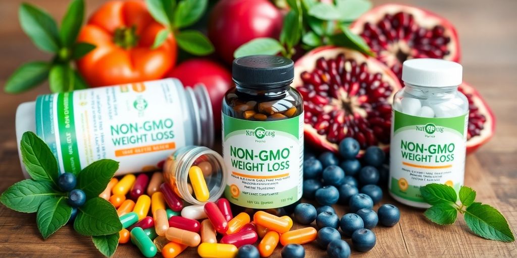 Colorful non-GMO supplements and antioxidant-rich fruits on table.
