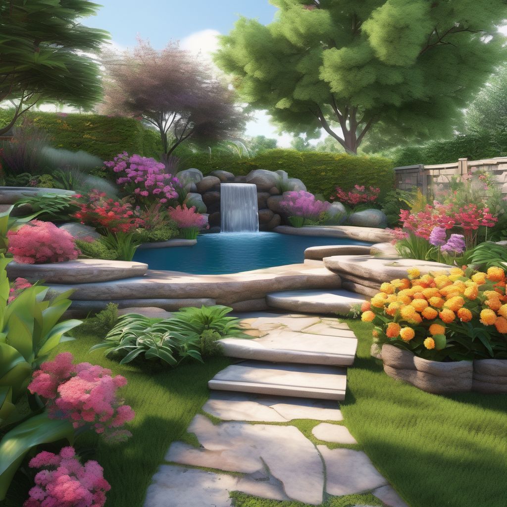 peaceful garden landscape with colorful flowers and soothing water features