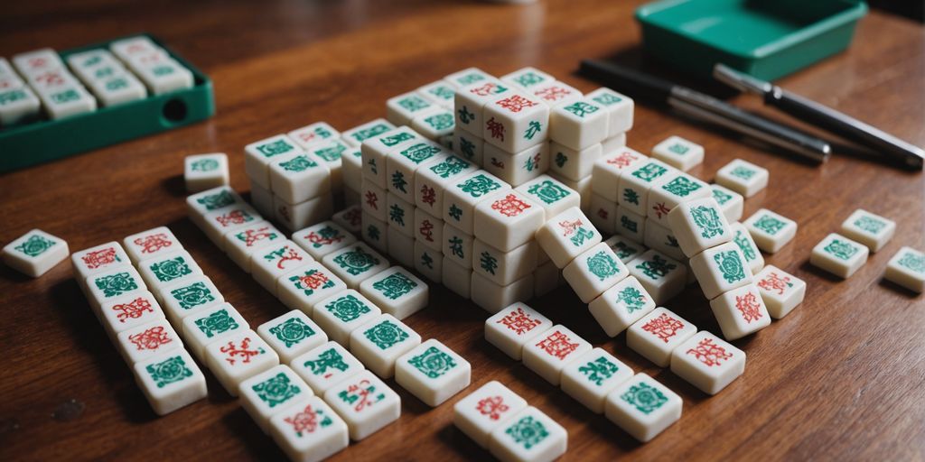 Mahjong tiles and cleaning tools on a wooden table.