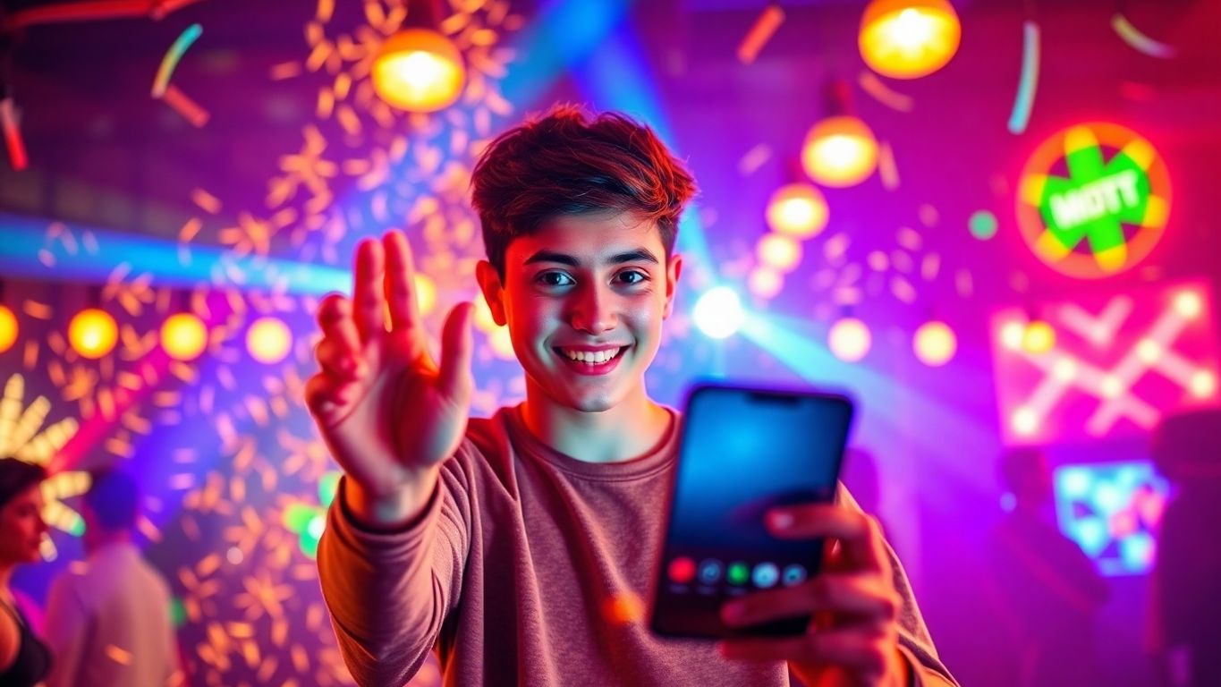Young creator filming a TikTok video with colorful lights.