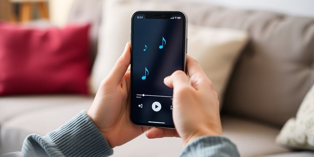 Person's hands holding a phone with music playing