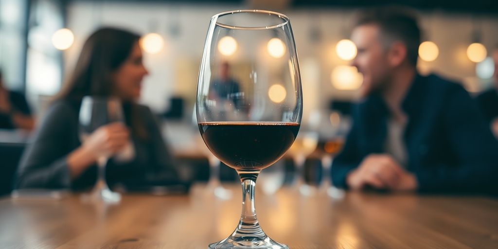 Glass of wine with people talking in the background.