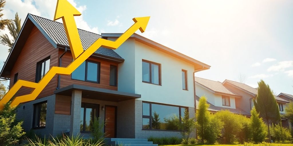 Realistic house with a glowing upward arrow.