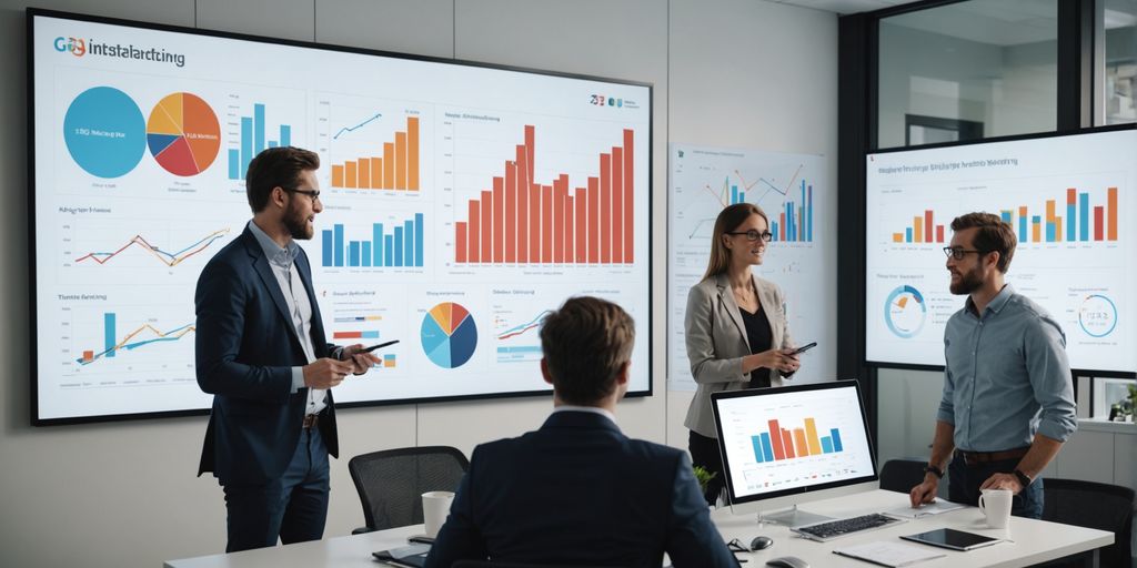 Professionals discussing digital marketing strategies.