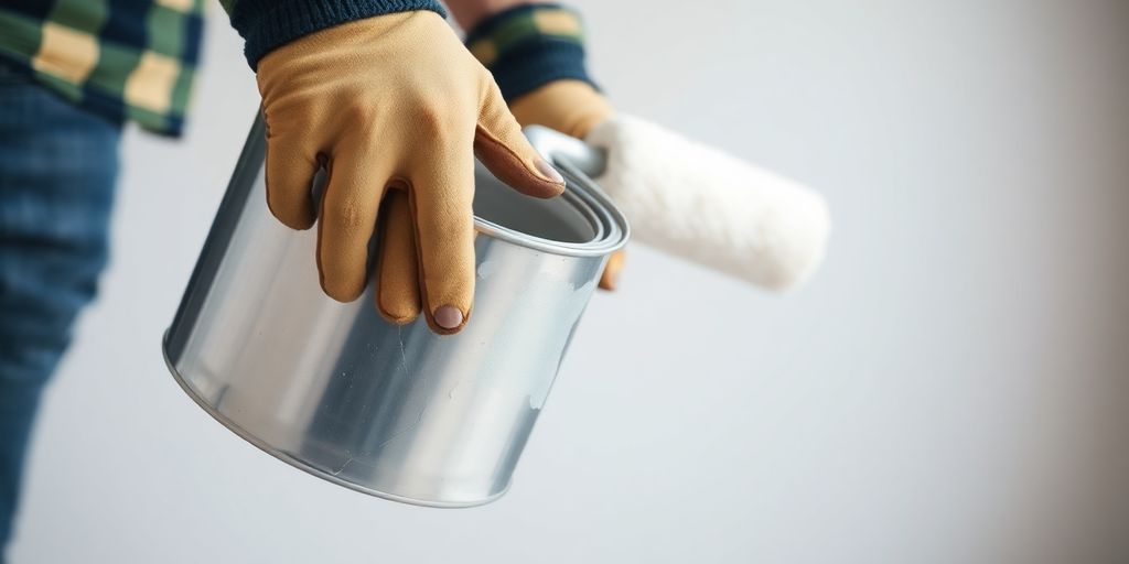 Workman holding a paint can and a paint roller