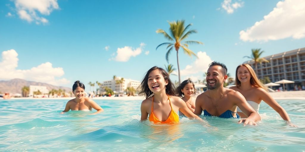 Family relaxing on a sunny beach in Cabo.
