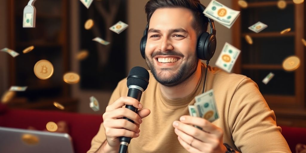 Podcast host receiving money from a community.