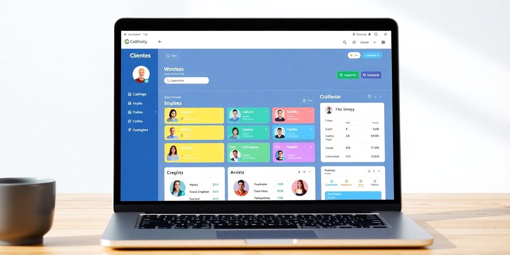 Client management app interface on a sleek laptop.