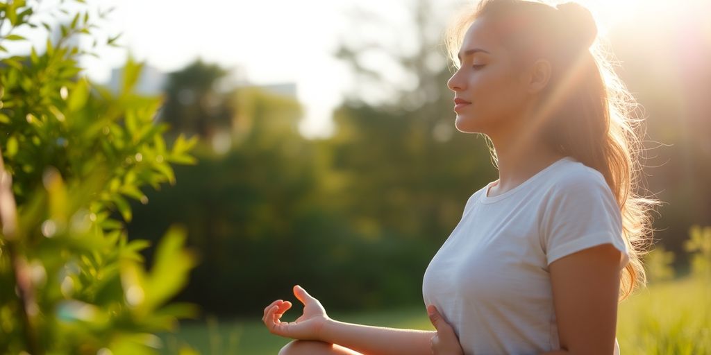 Woman meditating peacefully outdoors.