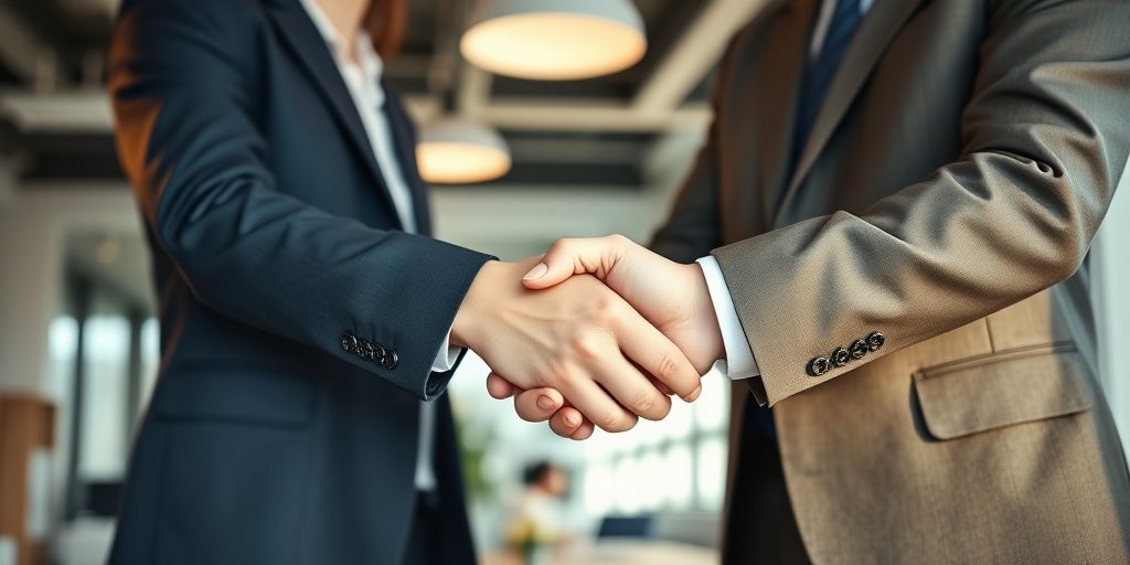 Two business partners shaking hands in a modern office.
