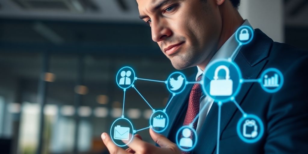 Lawyer in modern office, digital marketing concepts.