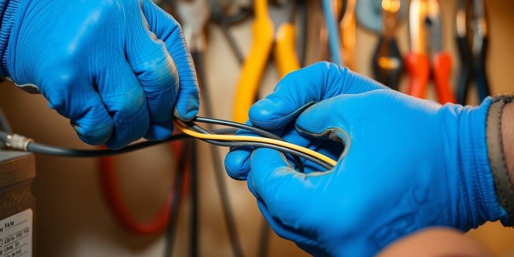 Electrician working with wires and tools.