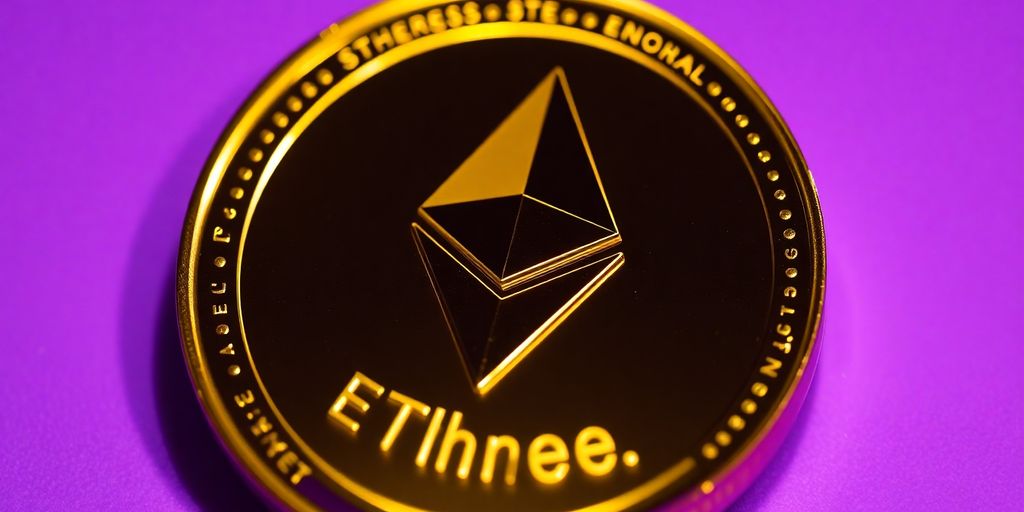 Shining gold coin, Ethereum logo, with cross