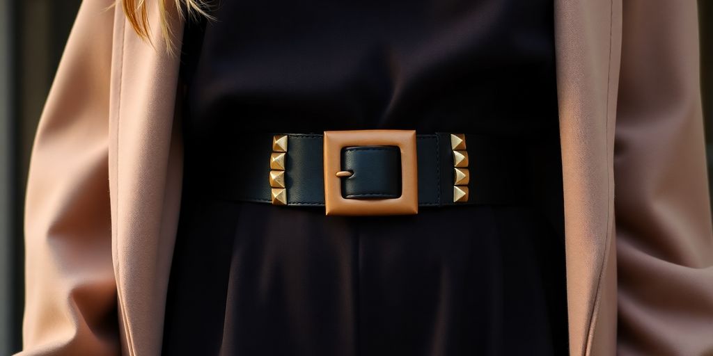 Close-up of a stylish outfit with a statement belt.