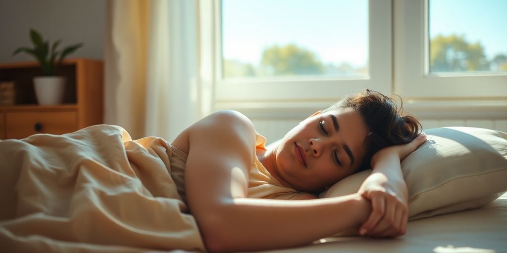 Person sleeping peacefully in a sunlit bedroom.