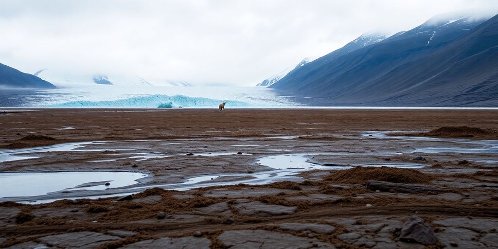 Melting ice, barren land, and a lone polar bear.