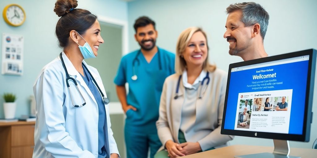 Profissional de saúde interagindo com paciente em clínica.