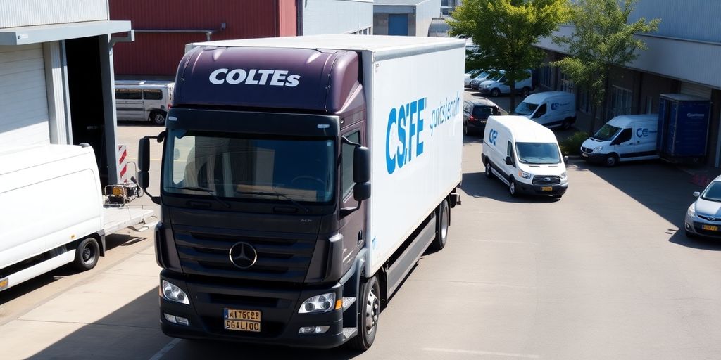 Logistics truck in a local area with warehouses.