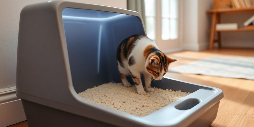 A cat exploring a clean litter box in sunlight.