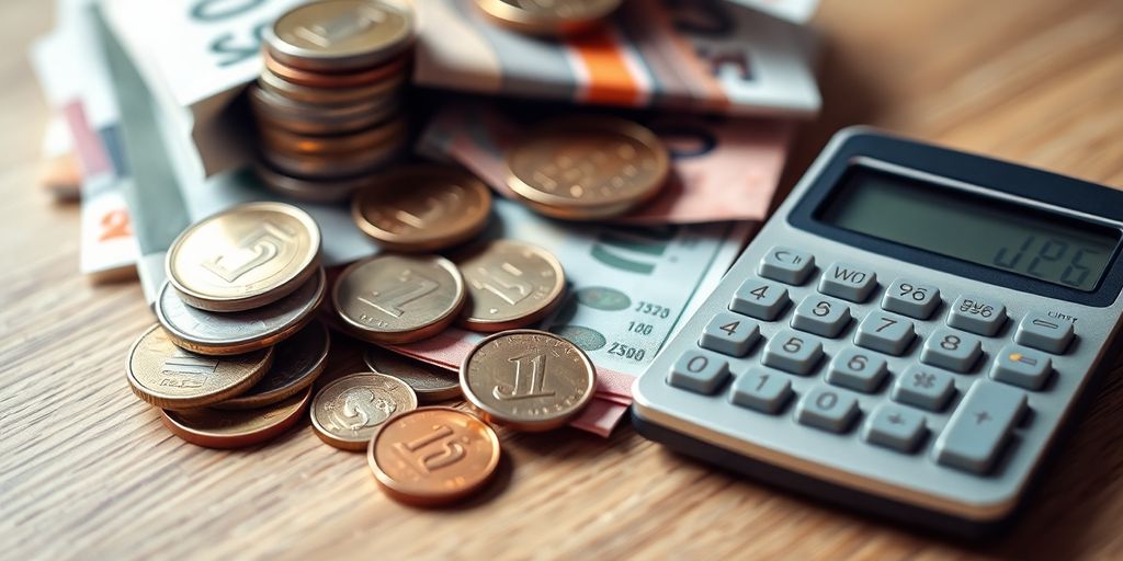 Coins and bills with a calculator.