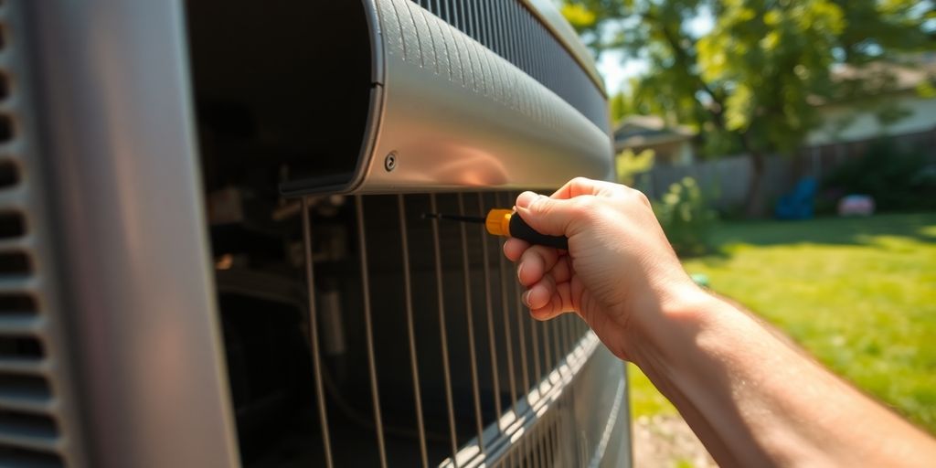 Man checking outdoor AC unit, screwdriver in hand.