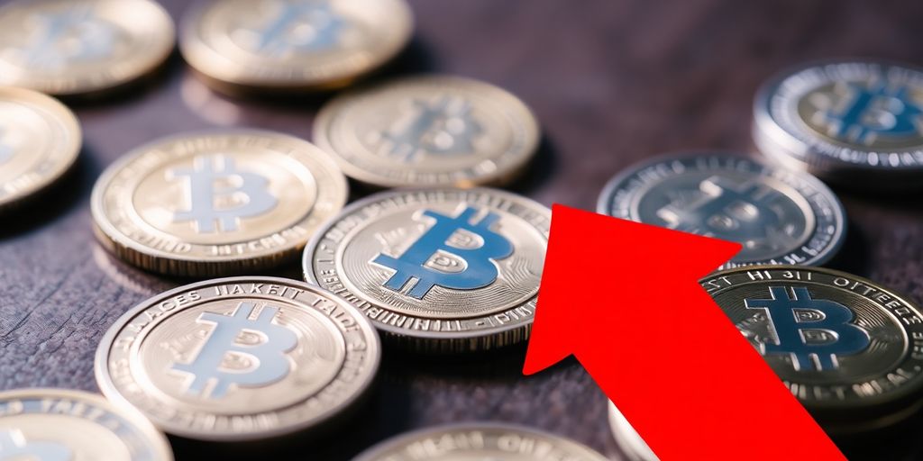 Red downtrend arrow, digital coins.