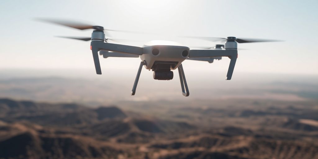Drone WingtraRAY en vol au-dessus d'un paysage.