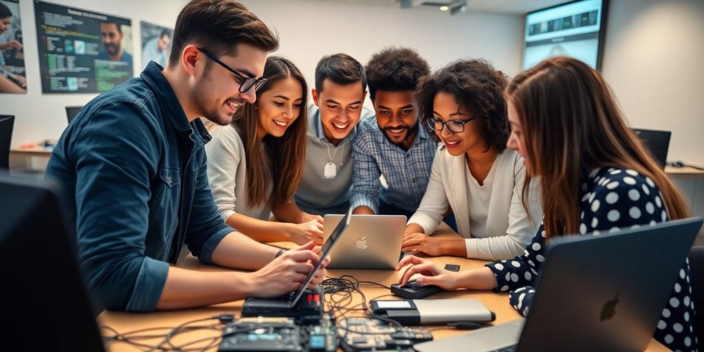 Diverse group of young developers collaborating on technology.