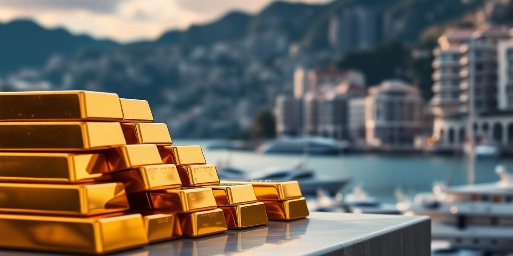 Lingots d'or brillants sur fond de Monaco.
