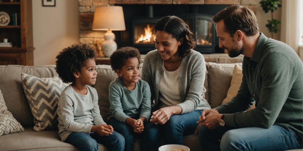 Family supporting child in living room