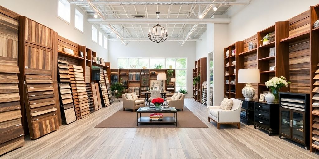 Customers browsing stylish flooring and home decor options.