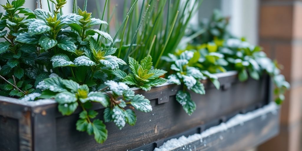 Winterharte Pflanzen im Balkonkasten mit Schnee