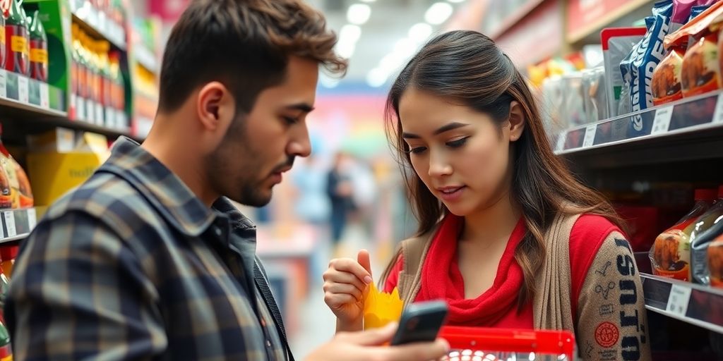 Einkäufer vergleicht Preise in einem Geschäft.