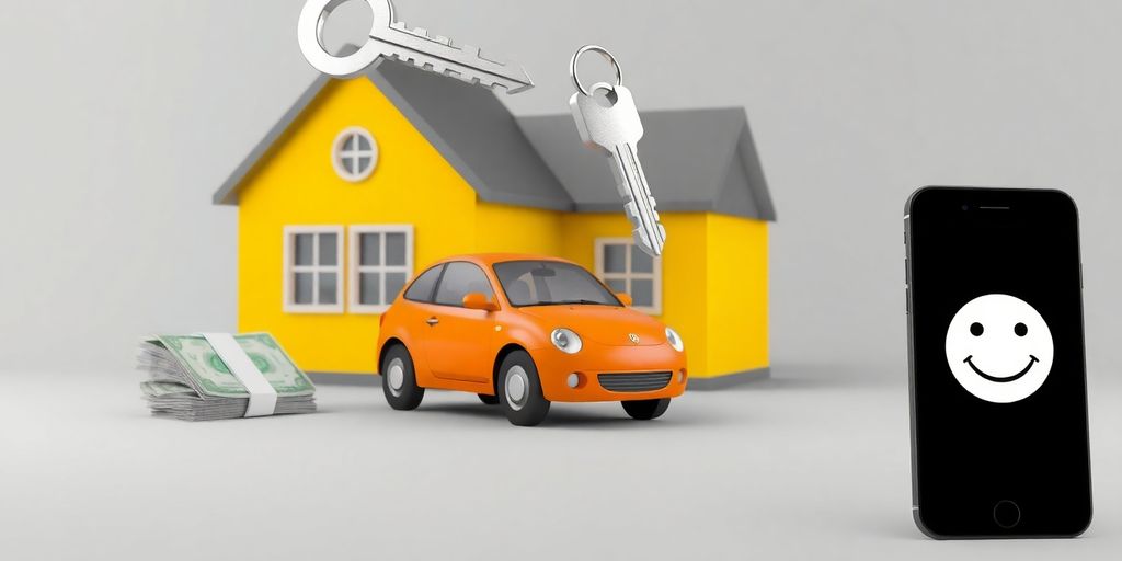 Cartoon car, house key, money, phone.