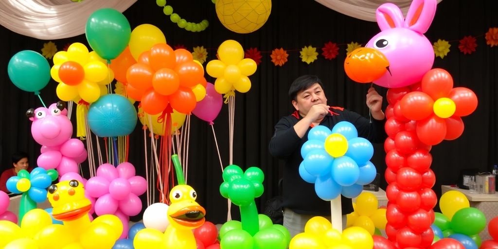 Colourful balloons and a balloon artist at an event.