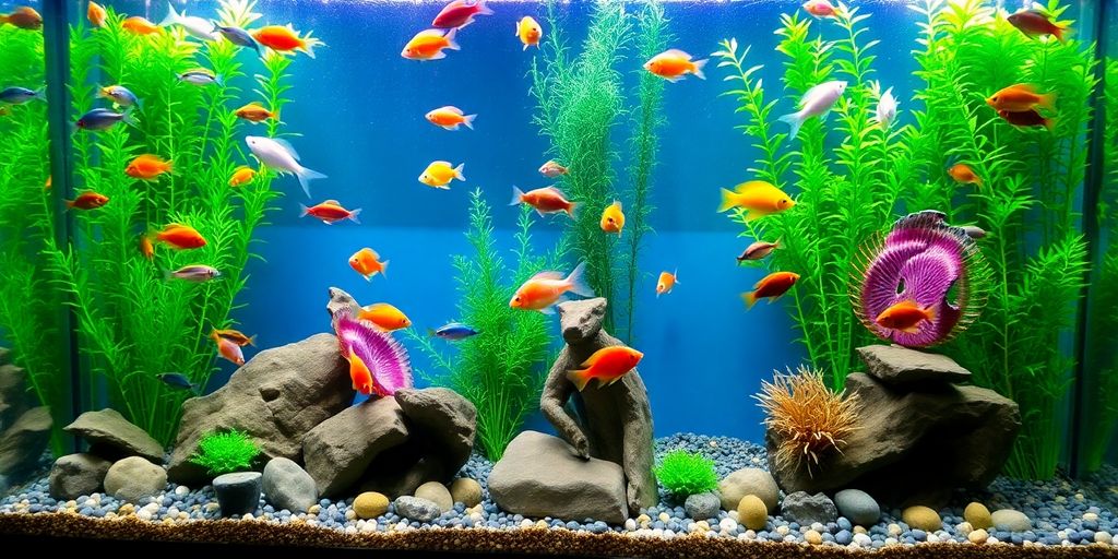 Colorful fish tank with vibrant fish and plants.